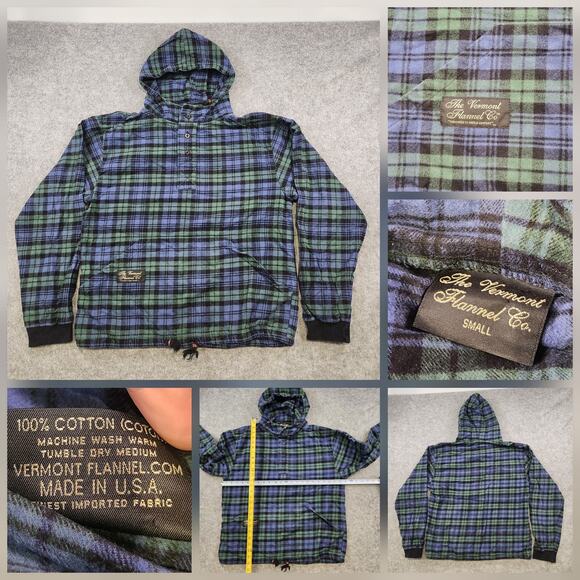 Vermont Flannel Pullover Hoodie Mens Small Green Blue Plaid Made in USA Cotton - Picture 1 of 11